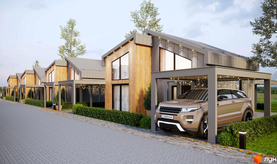 Зображення Котеджного містечка Gross Liebental: будинок з дерев'яним фасадом, великими вікнами та автомобілем під навісом.