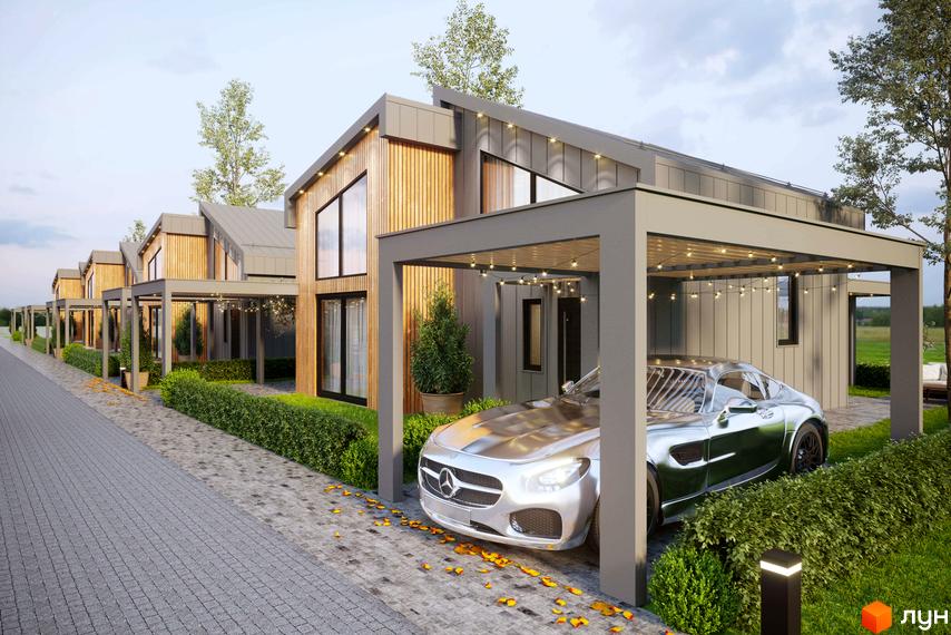 Зображення Котеджного містечка Gross Liebental: двоповерхові будинки з дерев'яним оздобленням та великими вікнами, перед будинками припарковані автомобілі.