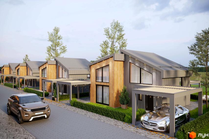 Зображення Котеджного містечка Gross Liebental з будинками з дерев'яним фасадом та сірим дахом, перед будинками припарковані автомобілі.