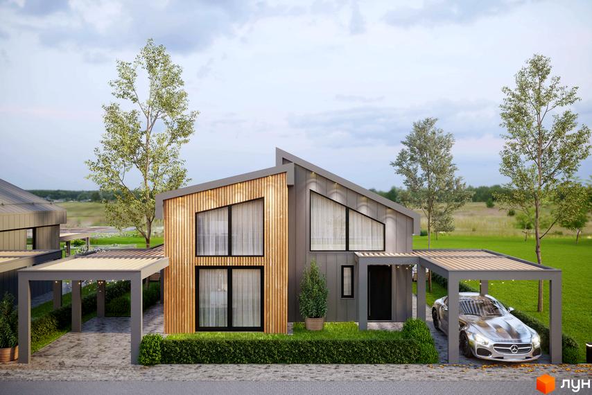 Зображення будинку в Котеджному містечку Gross Liebental з великими вікнами та дерев'яним оздобленням. Навколо зелена трава та дерева.