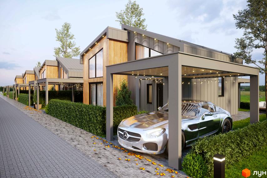 Зображення Котеджного містечка Gross Liebental. Будинки з дерев'яним оздобленням, зелені насадження та авто під навісом.