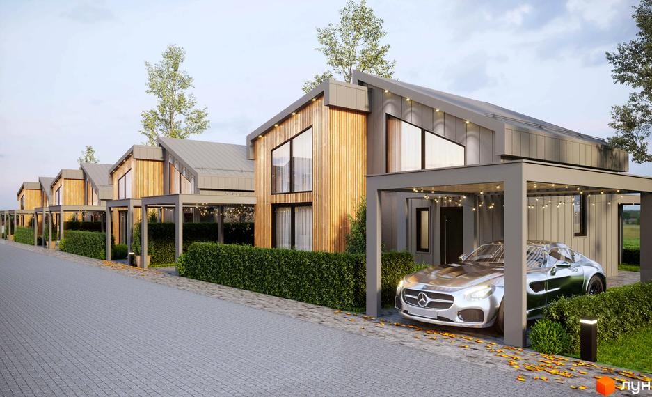 Зображення Котеджного містечка Gross Liebental: ряд будинків з дерев'яним оздобленням та сірими дахами, перед будинками зелені насадження.