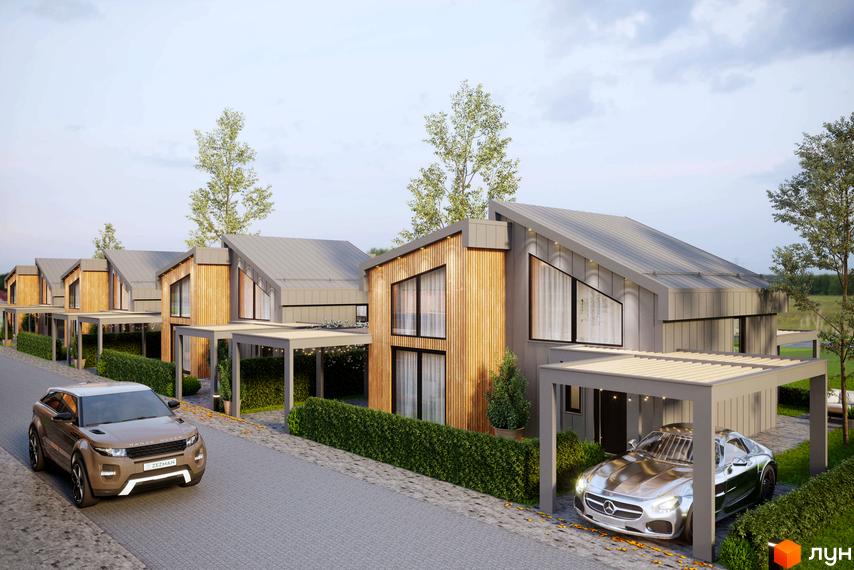 Зображення котеджів у Котеджному містечку Gross Liebental з сірими дахами та дерев'яним оздобленням. На передньому плані припарковані авто.