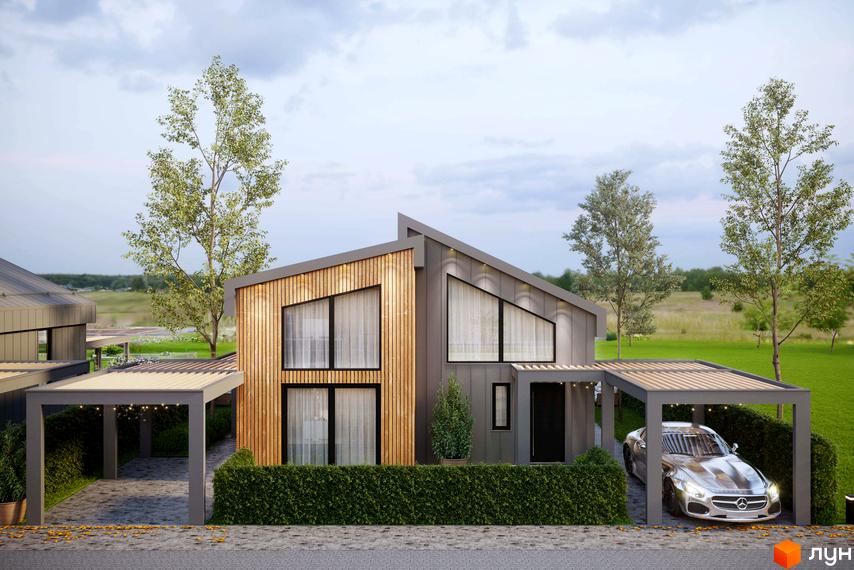 Зображення будинку в Котеджному містечку Gross Liebental з великими вікнами та дерев'яним оздобленням. Навколо зелена прибудинкова територія.