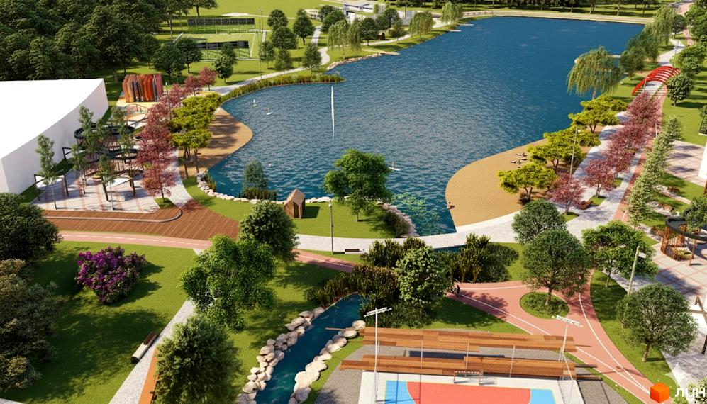 Зображення Котеджного містечка LAGOM з великим озером, пляжем та зеленими насадженнями. Вид на спортивні майданчики та зони відпочинку.