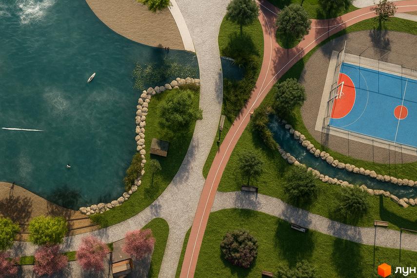 Вигляд згори на Котеджне містечко LAGOM з озером, пішохідними доріжками та спортивним майданчиком. Ландшафтний дизайн території.