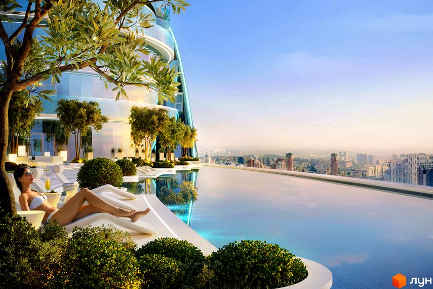Зображення Житлового комплексу NVER з басейном на даху, де відпочиває жінка. Вигляд на місто з висоти.