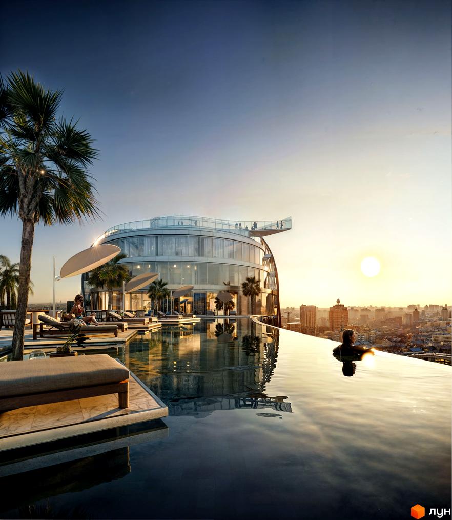 Житловий комплекс NVER з басейном на даху, де відпочивають люди. На фоні видно міський пейзаж під час заходу сонця.