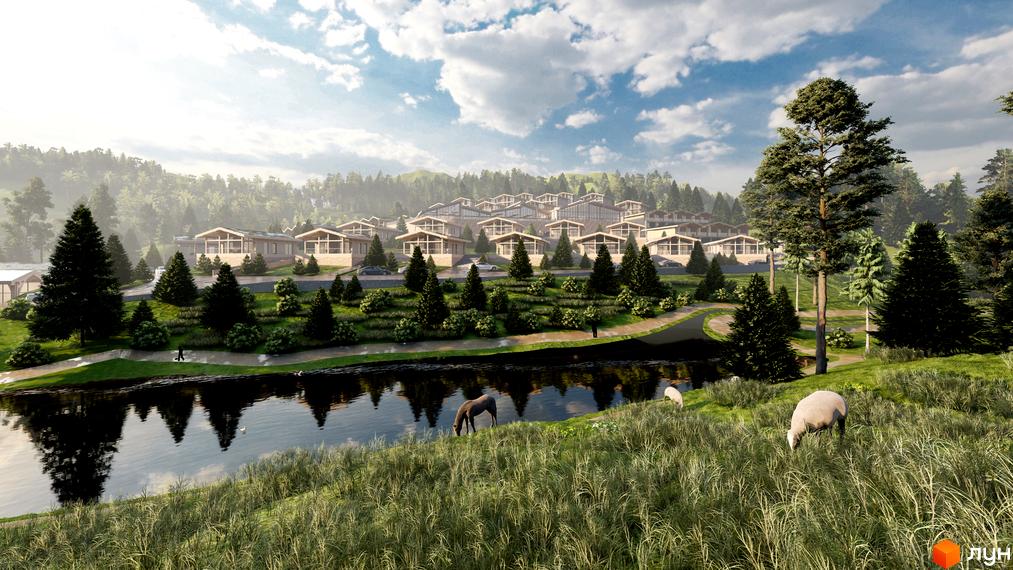 Візуалізація комплексу Chamonix Premier Resort з котеджами біля озера. Навколо зелена територія з деревами та травою.