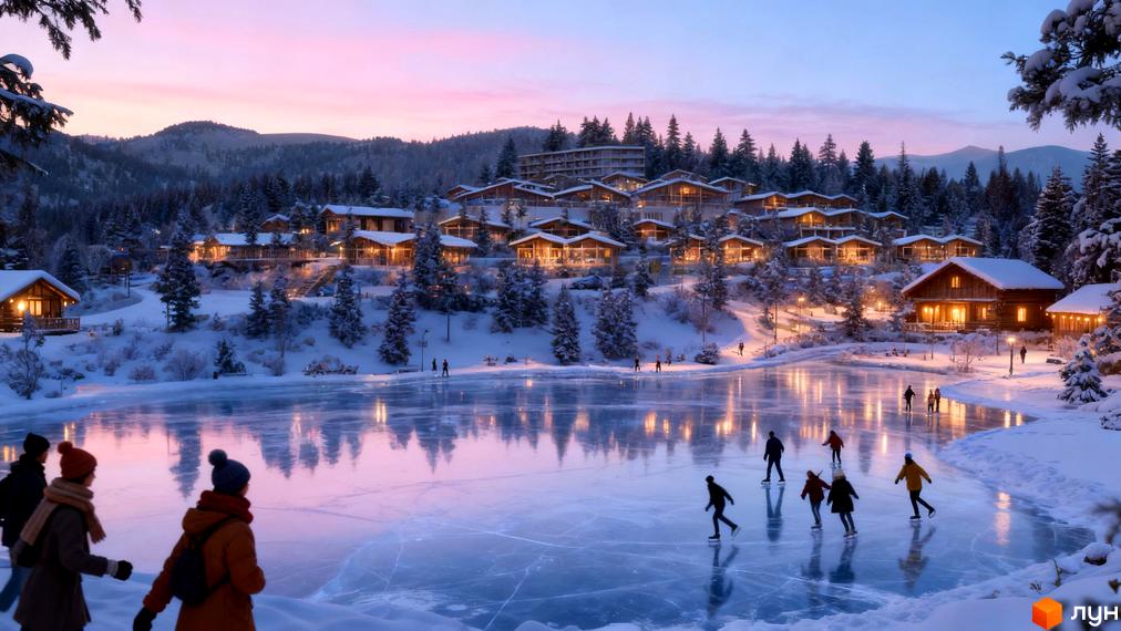 Зимовий пейзаж Chamonix Premier Resort: котеджі з підсвіткою на схилі, внизу замерзле озеро з людьми, що катаються на ковзанах.