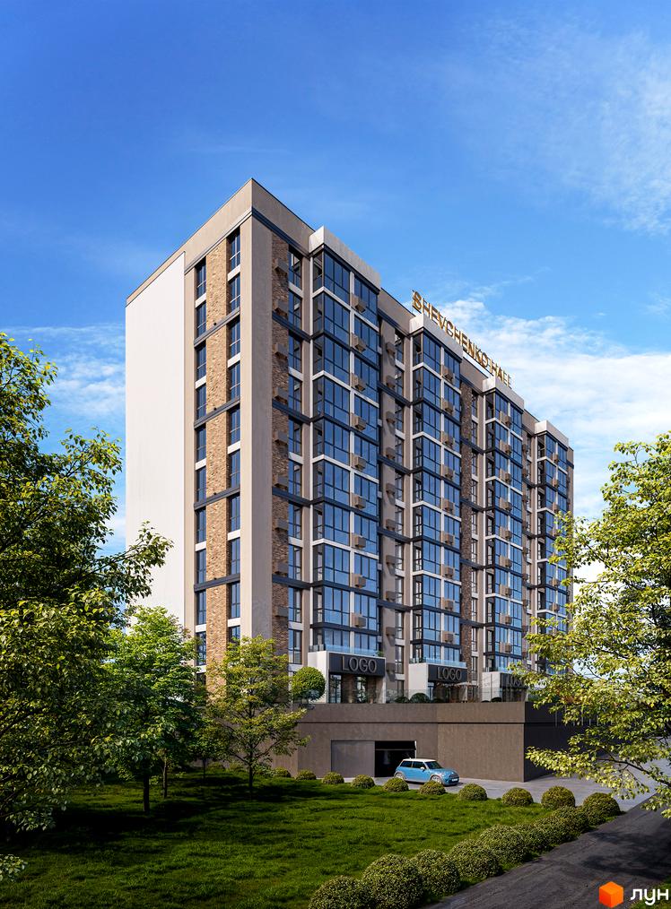 Зображення фасаду та прибудинкової території житлового комплексу Shevchenko Hall. Багатоповерхова будівля з великою кількістю вікон.