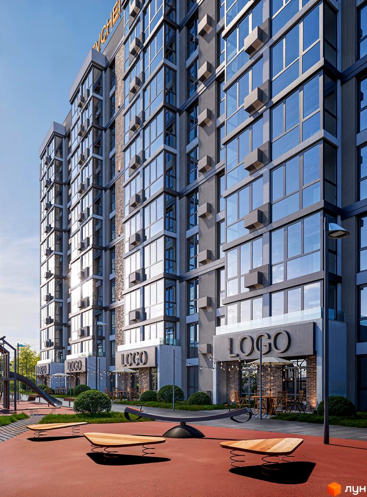 Зображення фасаду та дитячого майданчика Житлового комплексу Shevchenko Hall. Вигляд багатоповерхового будинку з великими вікнами.