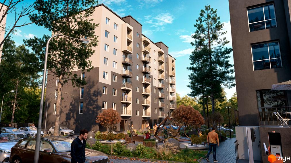 Зовнішній вигляд Новобудови Family Park з балконами. На території є дитячий майданчик, дерева та пішохідні доріжки.