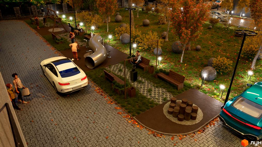 Зображення житлового комплексу Family Park з благоустроєм: дитячий майданчик, ландшафтний дизайн та парковка для авто.
