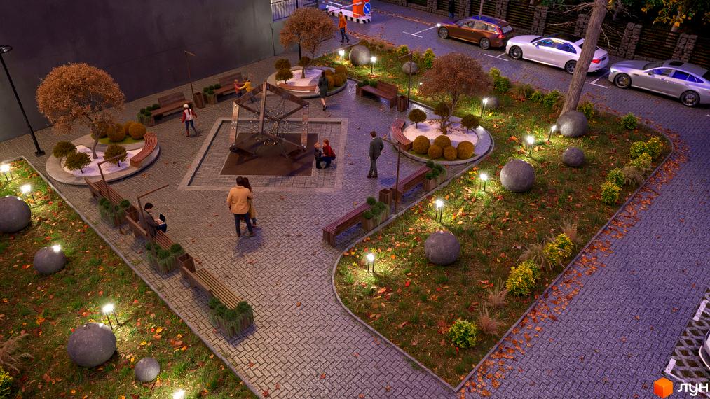 Зображення прибудинкової території Житлового комплексу Family Park з дитячим майданчиком та парковкою для автомобілів.