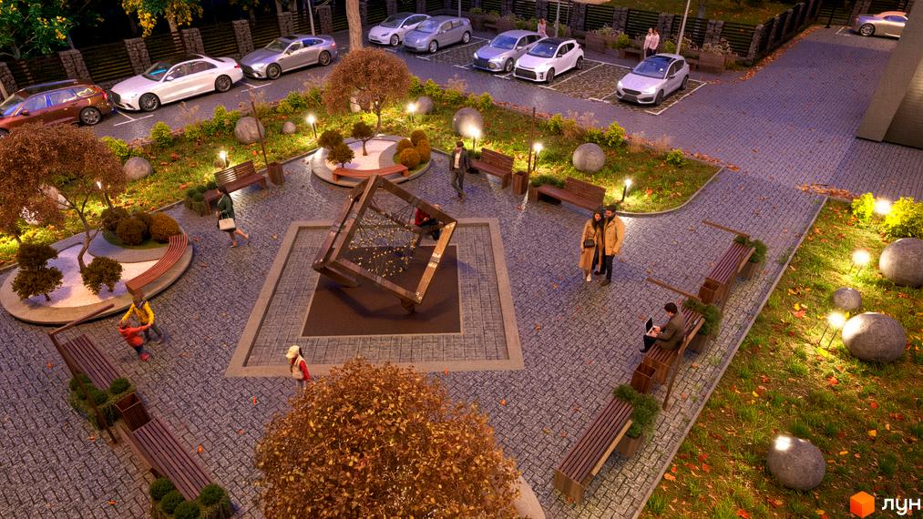 Зображення території Будівельного проєкту Family Park з дитячим майданчиком, лавками та парковкою для автомобілів.