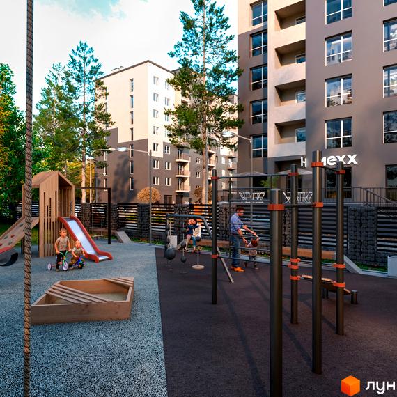 Зображення дитячого майданчика біля Житлового комплексу Family Park. На фоні видно багатоповерхові будинки.