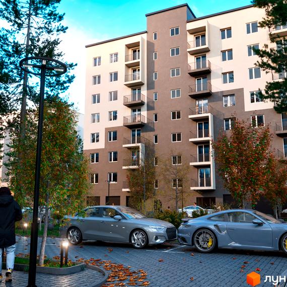 Вигляд фасаду та прибудинкової території Житлового комплексу Family Park. На передньому плані автомобілі та тротуарна плитка.