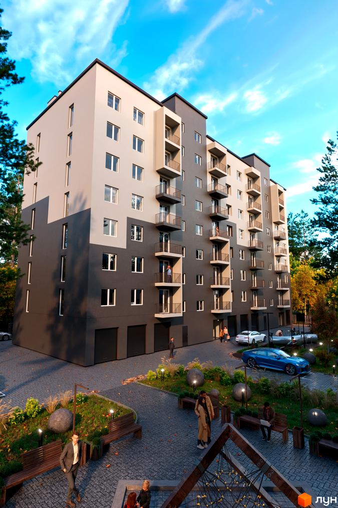 Зображення фасаду та прибудинкової території Житлового комплексу Family Park. На передньому плані ландшафтний дизайн та місця для відпочинку.