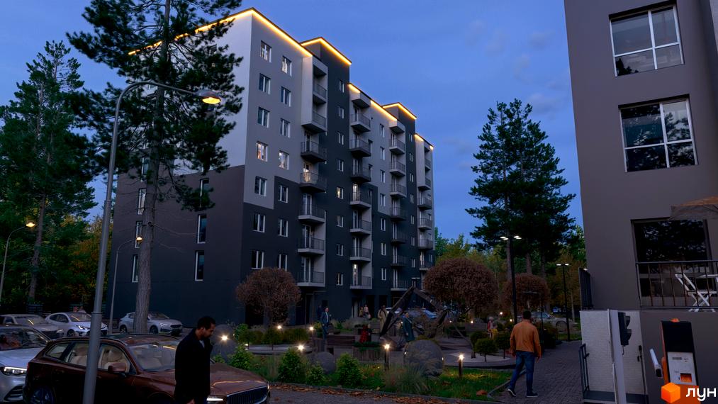 Зображення фасаду та прибудинкової території Житлового комплексу Family Park. На території є дитячий майданчик та ландшафтний дизайн.