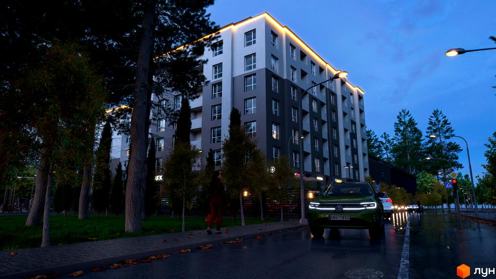 Зображення фасаду та прибудинкової території Житлового комплексу Family Park. На передньому плані зелений автомобіль.