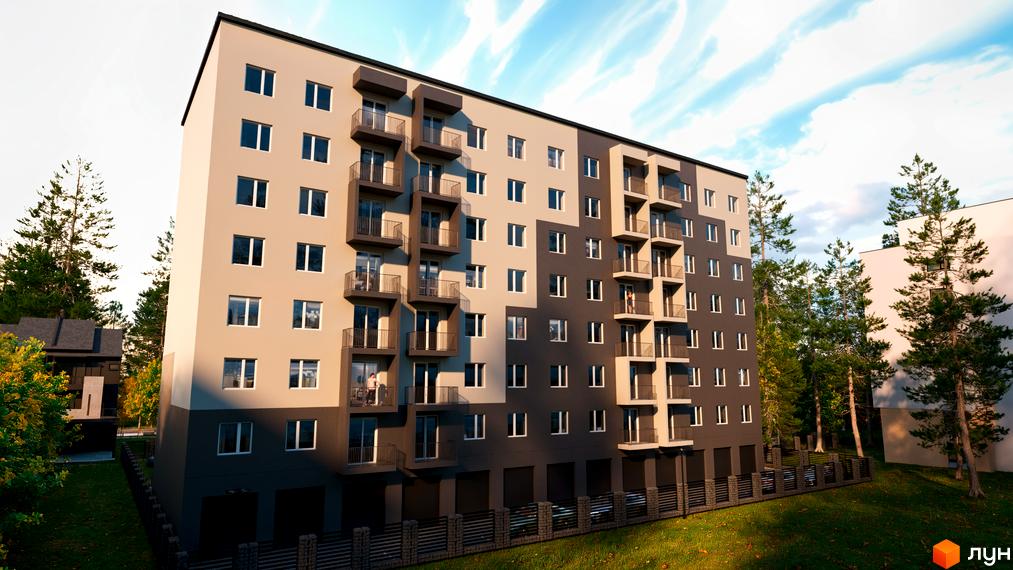 Зображення фасаду багатоповерхового будинку в Житловому комплексі Family Park з балконами та прибудинковою територією.