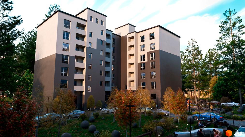 Зображення фасаду та прибудинкової території Житлового комплексу Family Park. Навколо новобудови зелені насадження та місця для паркування.