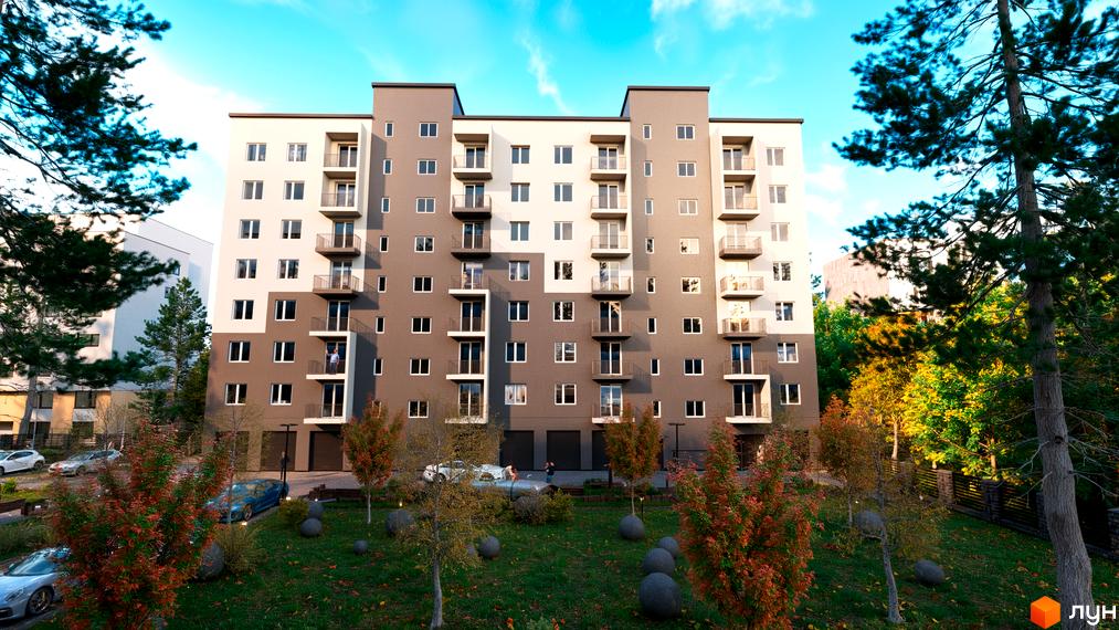Зображення фасаду та прибудинкової території Житлового комплексу Family Park. Багатоповерховий будинок з балконами та зеленим газоном.