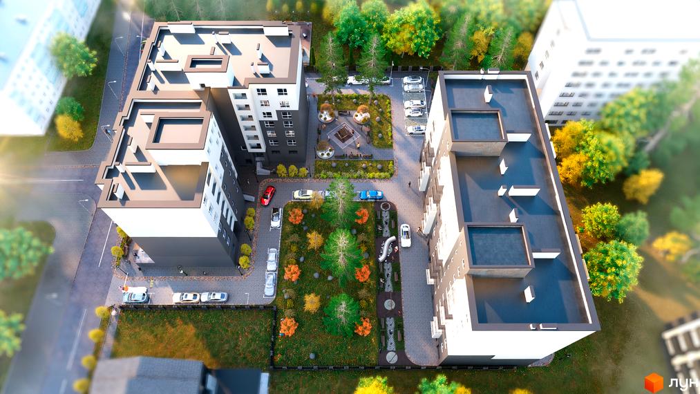 Зображення Житлового комплексу Family Park з виглядом на будівлю та прибудинкову територію з ландшафтним дизайном.