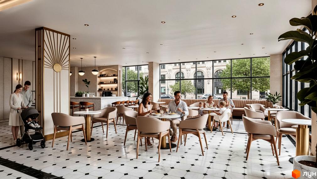 Інтер'єр ресторану з сім'ями, що обідають за столиками. Вид на будівлю з вікон, мармурова підлога.