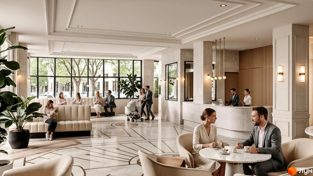 Інтер'єр холу Житлового комплексу LELEKA by Odesa з зоною відпочинку та ресепшеном. На підлозі світла плитка з геометричним малюнком.