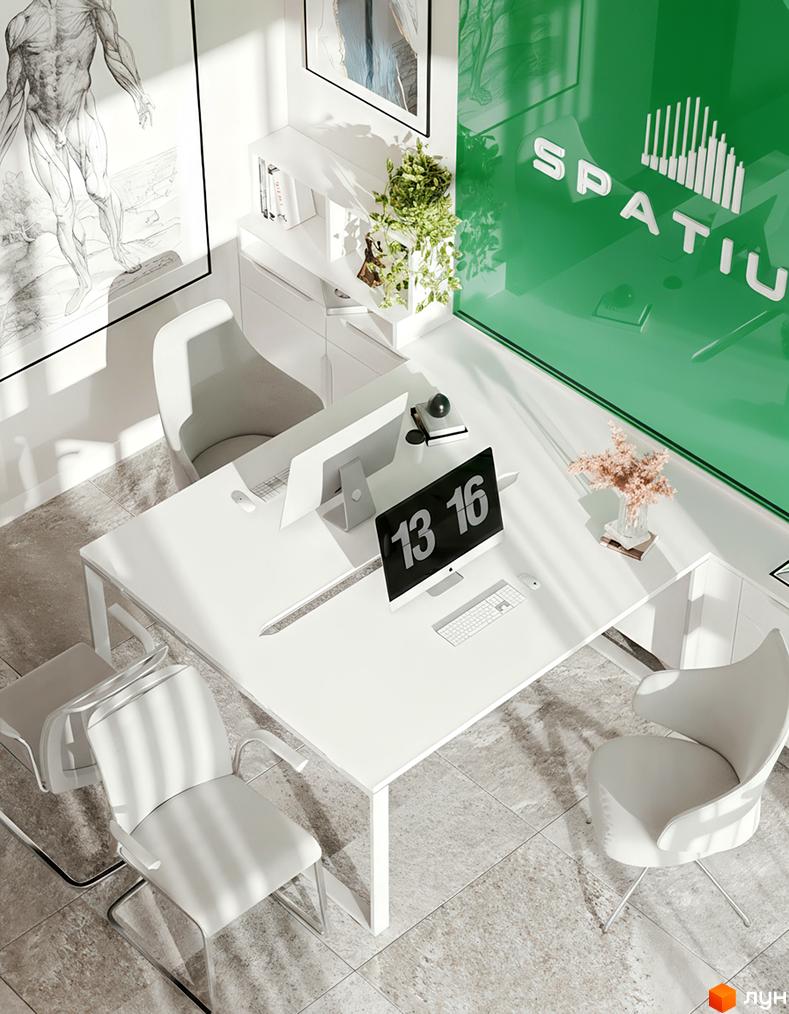 Інтер'єр офісу з білими меблями та великим вікном з логотипом. Робочі місця з комп'ютерами та кріслами.