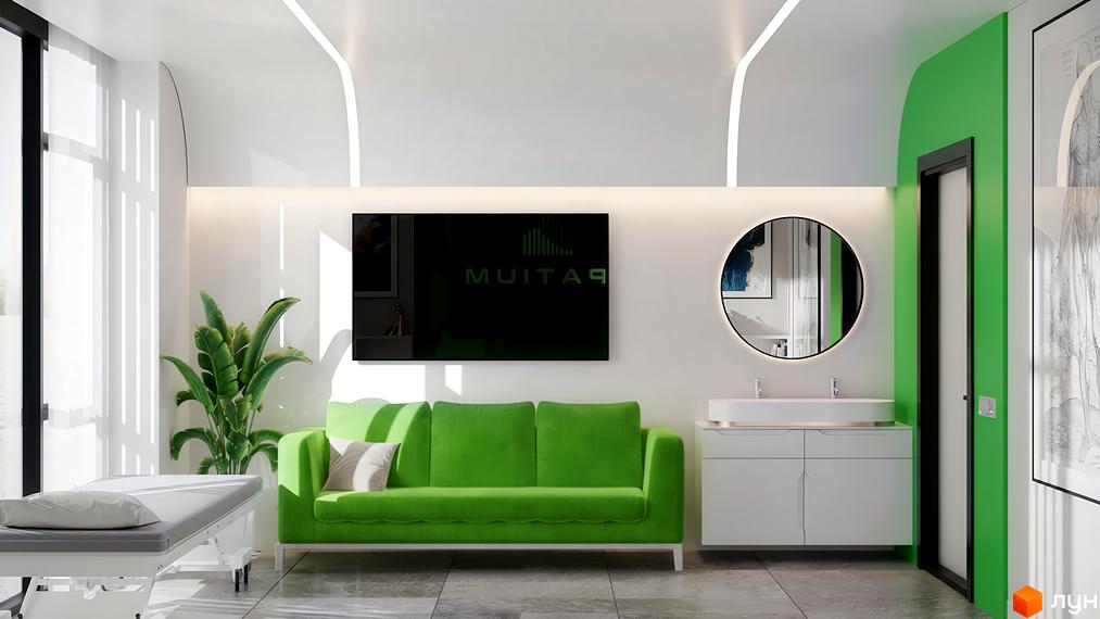 Інтер'єр кімнати в LELEKA by Odesa з диваном, рослиною, дзеркалом та масажним столом. Світле приміщення з зеленими акцентами.