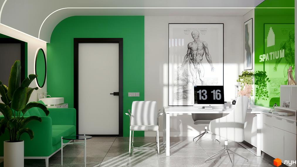 Інтер'єр кабінету з зеленими акцентами, білими меблями та великим постером на стіні. Зручне робоче місце з диваном для відвідувачів.