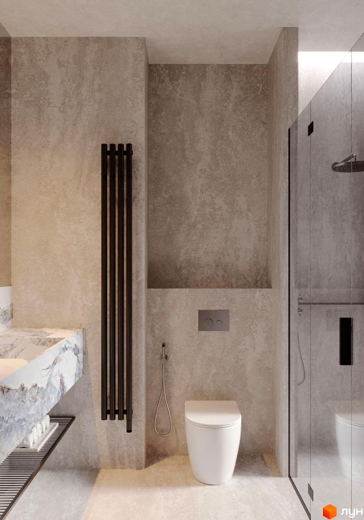 Інтер'єр ванної кімнати в Житловому комплексі Crystal Hills з душовою кабіною, унітазом та раковиною. Оздоблення стін у світлих тонах.