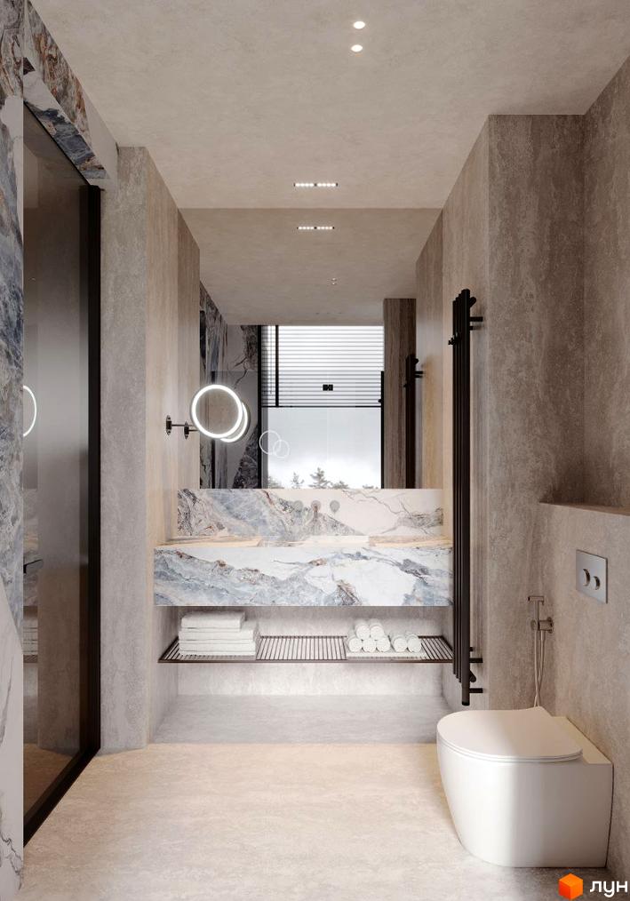 Інтер'єр ванної кімнати в Апарт-комплексі Crystal Hills з мармуровою обробкою, дзеркалом з підсвіткою та білою сантехнікою.