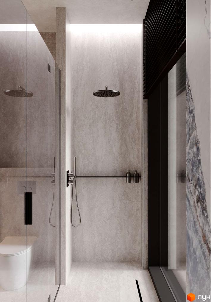 Інтер'єр ванної кімнати в Житловому комплексі Crystal Hills з душовою кабіною та туалетом. Стіни оздоблені під камінь.