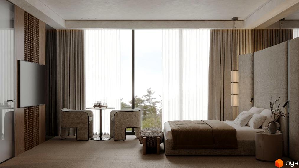 Інтер'єр спальні в Апарт-комплексі Crystal Hills з великим вікном та видом на природу. У кімнаті ліжко, стіл та крісла.