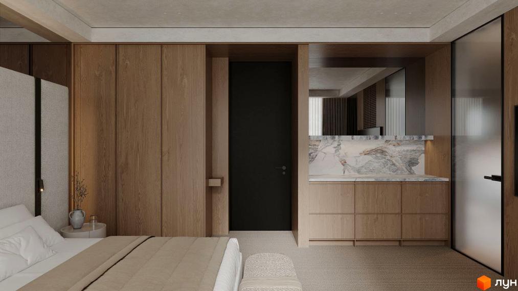 Інтер'єр кімнати в апарт-комплексі Crystal Hills: ліжко, тумбочка, шафа, чорні двері та тумба з мармуровою стільницею.