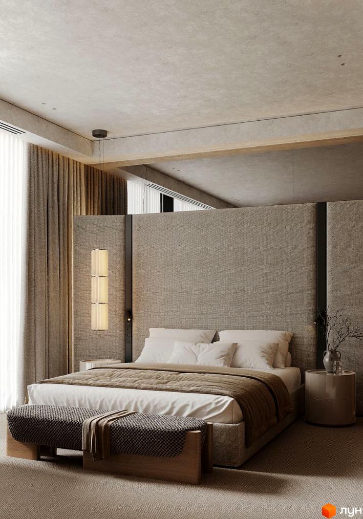 Інтер'єр спальні в апарт-комплексі Crystal Hills з великим ліжком та приліжковою тумбочкою. Світла кімната з м'яким освітленням.