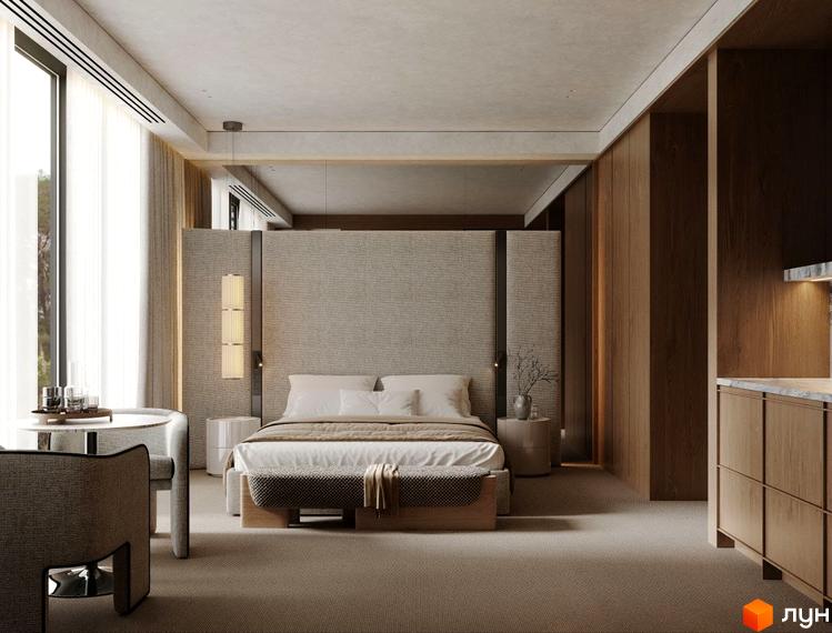 Інтер'єр спальні в Crystal Hills з великим ліжком, столом біля вікна та дерев'яними панелями на стінах. Затишний дизайн кімнати.