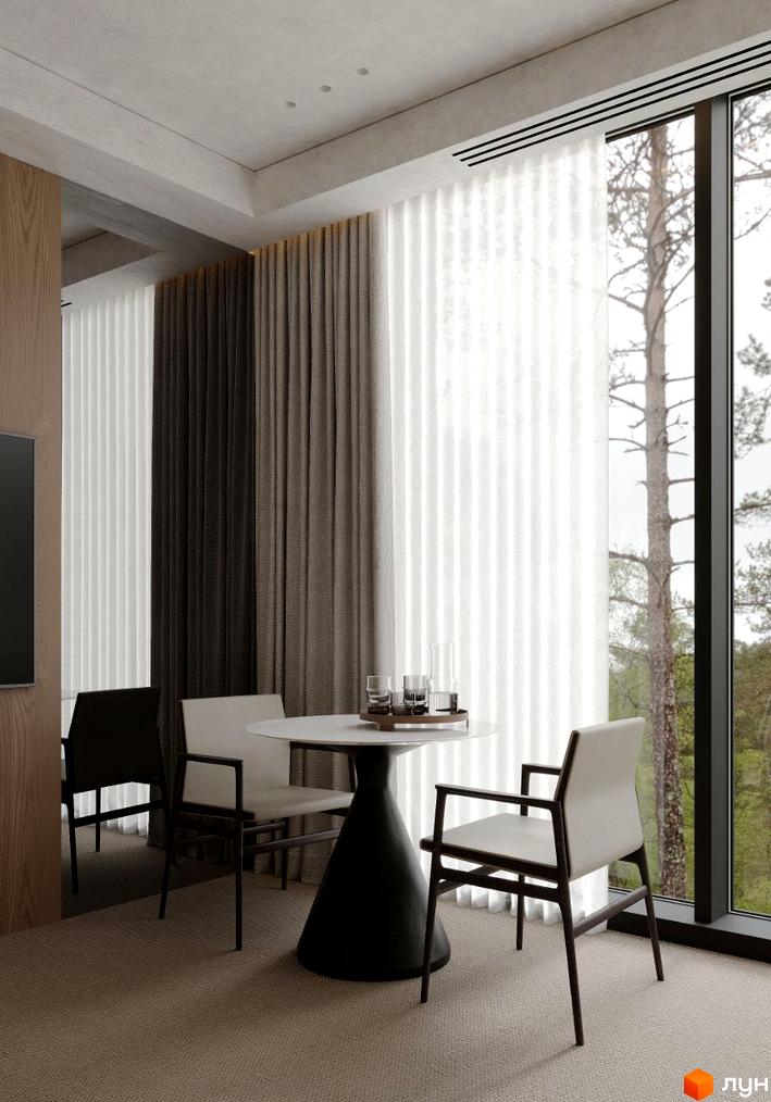 Інтер'єр кімнати з круглим столом та стільцями біля великого вікна в Житловому комплексі Crystal Hills.