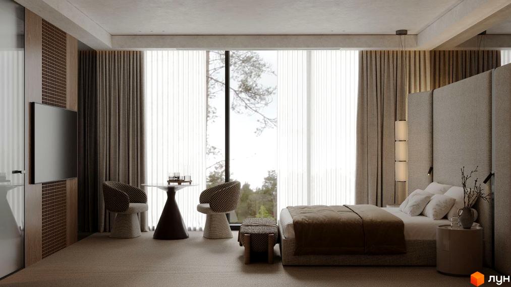 Інтер'єр спальні в Апарт-комплексі Crystal Hills з великим вікном та меблями в бежевих тонах. За вікном видно дерева.