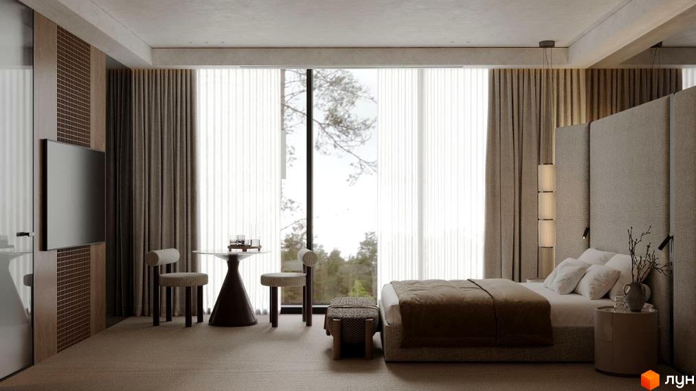 Інтер'єр апартаментів в Crystal Hills з великим вікном та видом на природу. У кімнаті ліжко, стіл та стільці.