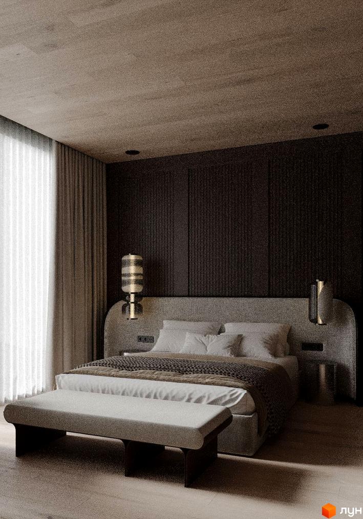 Інтер'єр спальні в апарт-комплексі Crystal Hills з ліжком, тумбочками та великим вікном. Затишний дизайн кімнати.