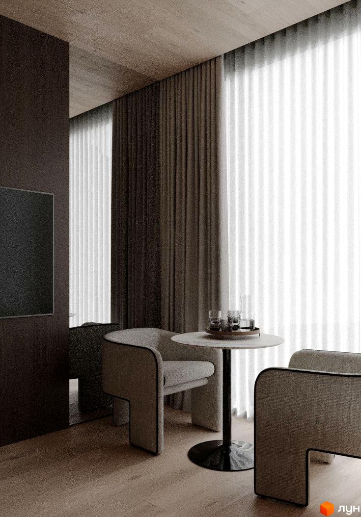 Інтер'єр кімнати в апарт-комплексі Crystal Hills з круглим столом та стільцями. Вікна з прозорими шторами.