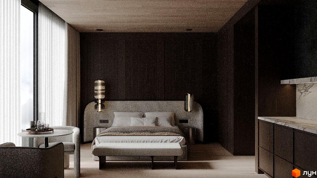 Інтер'єр спальні в апарт-комплексі Crystal Hills з великим ліжком та столом біля вікна. Світла кімната з темними стінами.