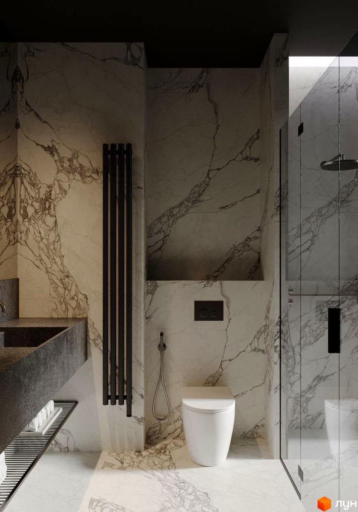 Інтер'єр ванної кімнати з обробкою під мармур, душовою кабіною та сушкою для рушників. Дизайн санвузла в будівельному проєкті.