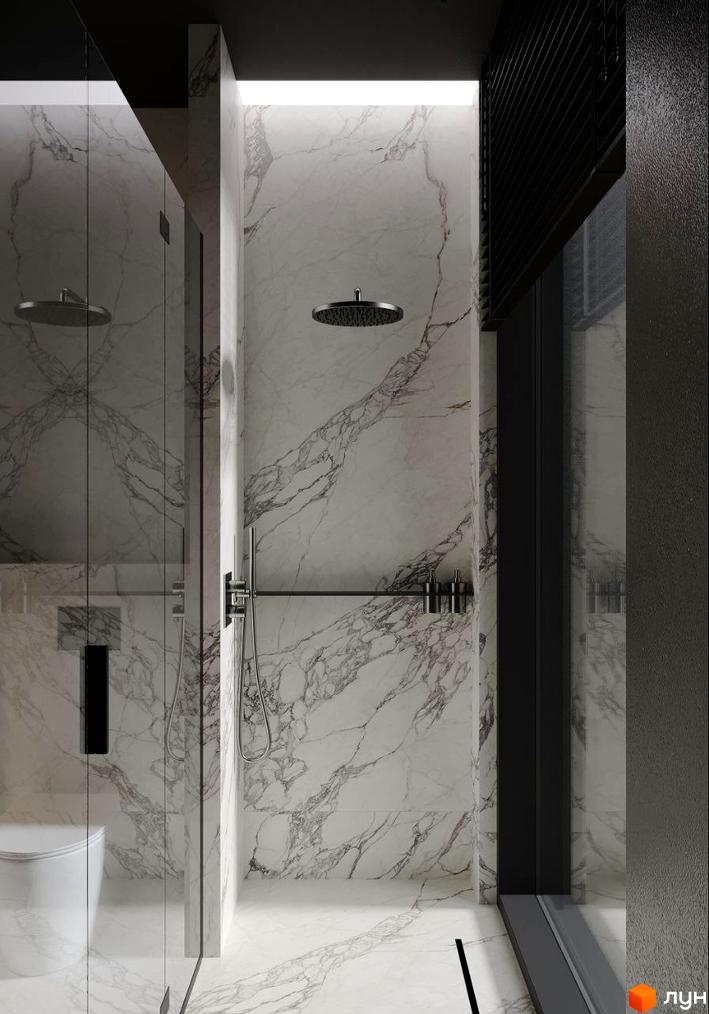 Інтер'єр ванної кімнати з душовою кабіною в Житловому комплексі Crystal Hills, оздобленою мармуром. Вигляд на сантехніку та скляні перегородки.
