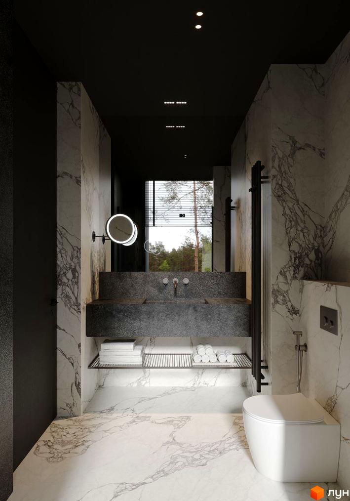 Інтер'єр ванної кімнати в апарт-комплексі Crystal Hills з мармуровим оздобленням стін та підлоги, чорною стелею та сантехнікою.